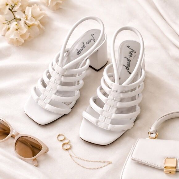 Free People Shoes - Free People Collette Strappy Heel White Block Sandal Square Toe Size 7